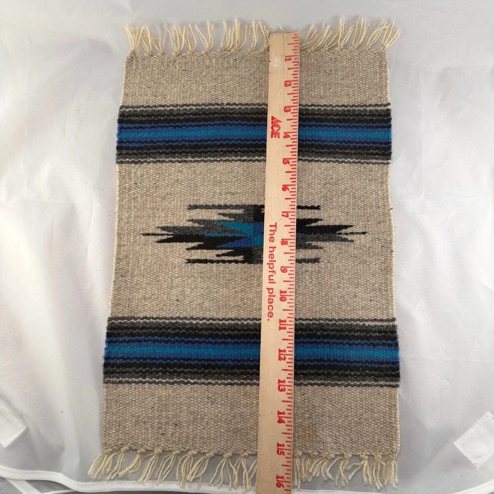 Vtg Ortega's Chimayo Hand Woven Wool Table Mat 10x15 Blue Southwestern Boho Rug